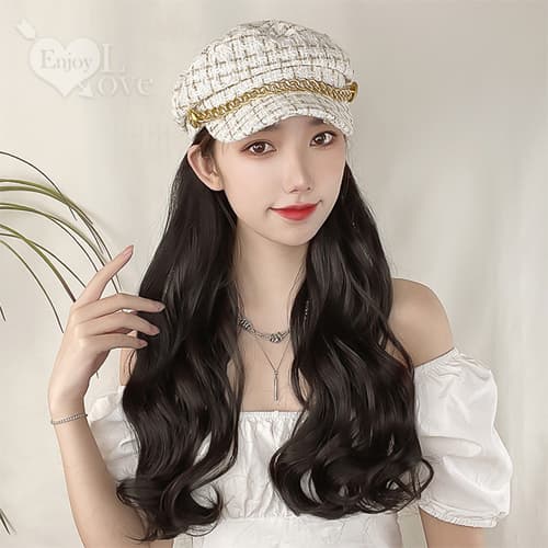 韓系帽子假髮 - 小香風大波浪長捲髮 / 黑髮白帽 E593080【EnjoyLove 衣飾館】
