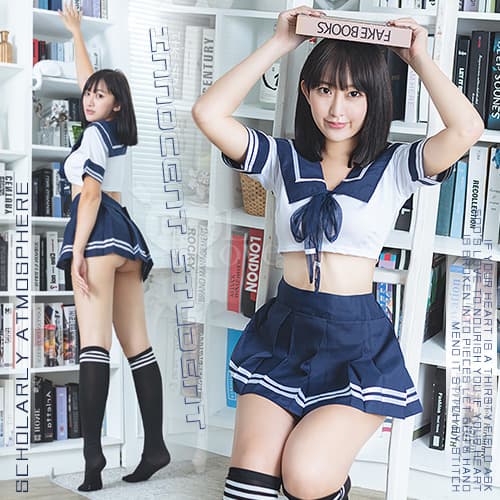 學生角色扮演服!大方水手領短上衣百褶短裙四件式套裝 E535701